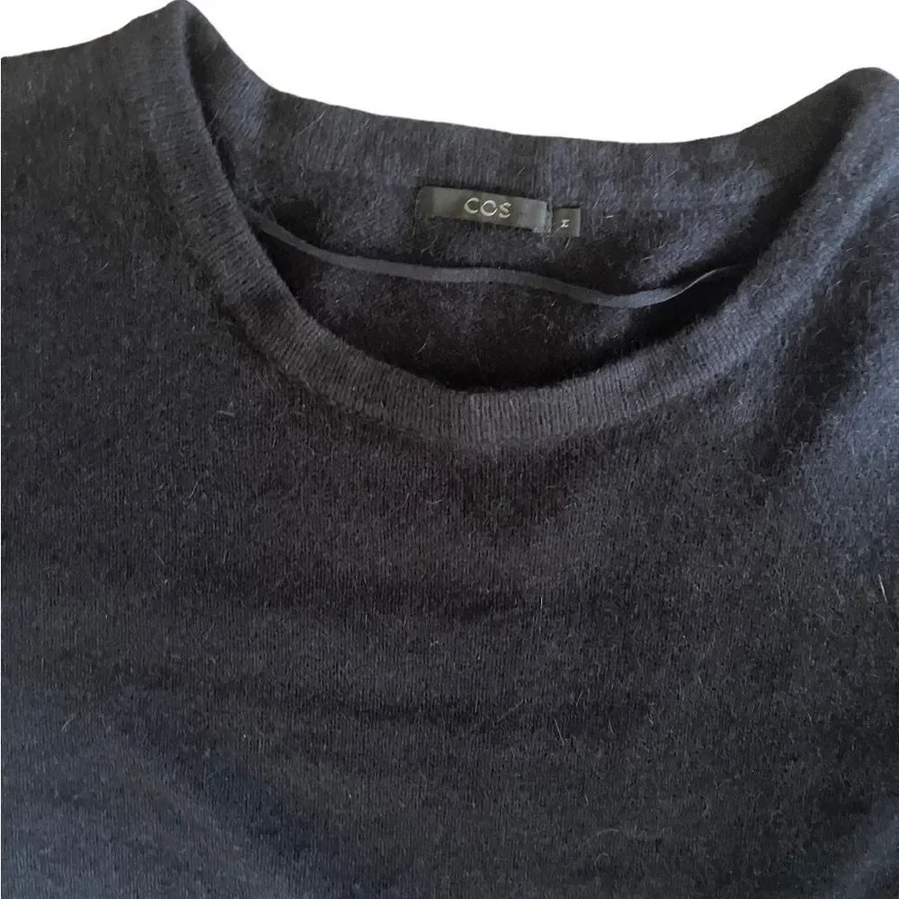 COS oversized navy blue mini dress sweater w black faux leather pockets sz M - Picture 12 of 14